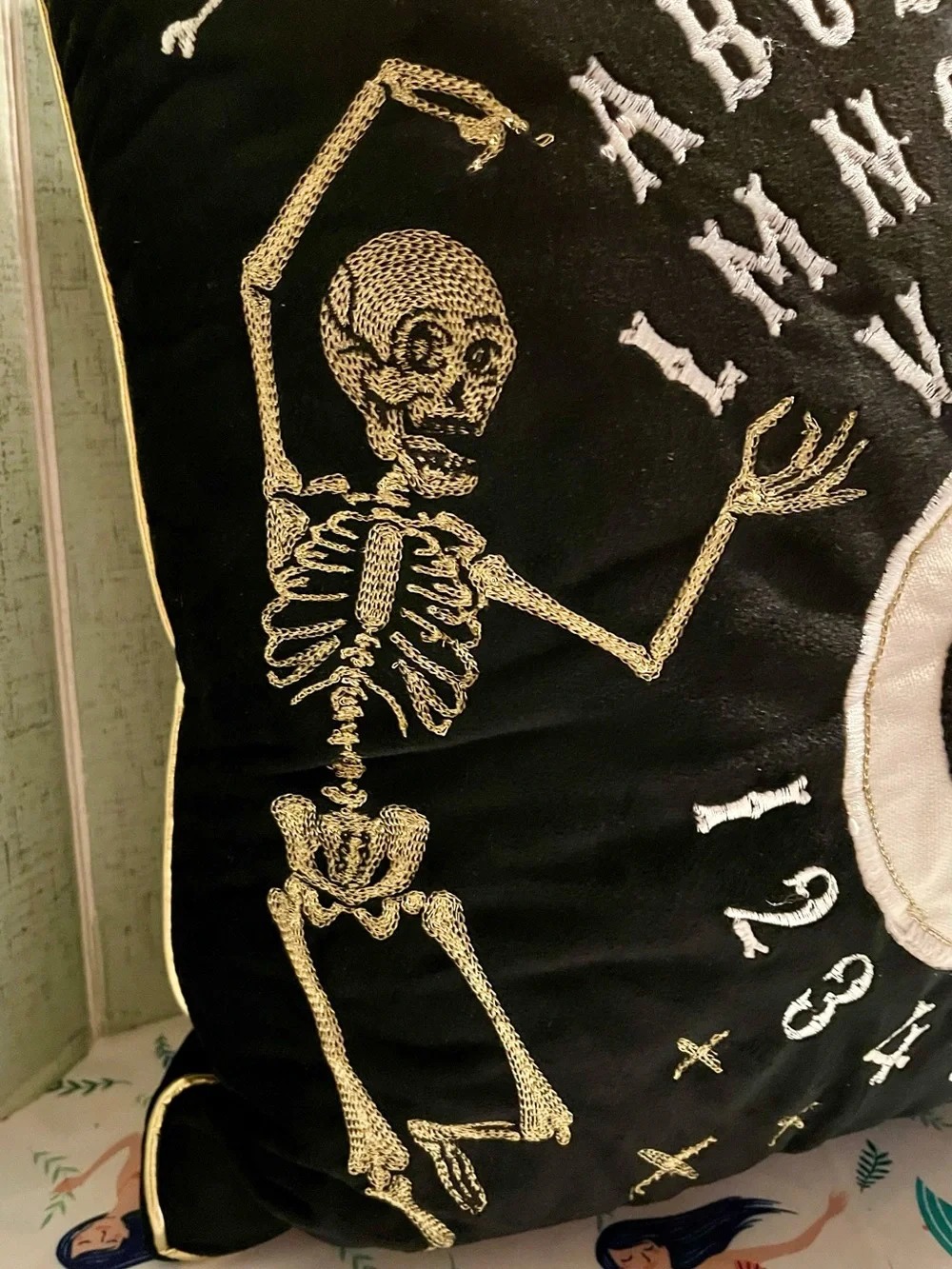 Ouija Planchette Embroidered Velvet Pillow - Black and Gold with Skeletons